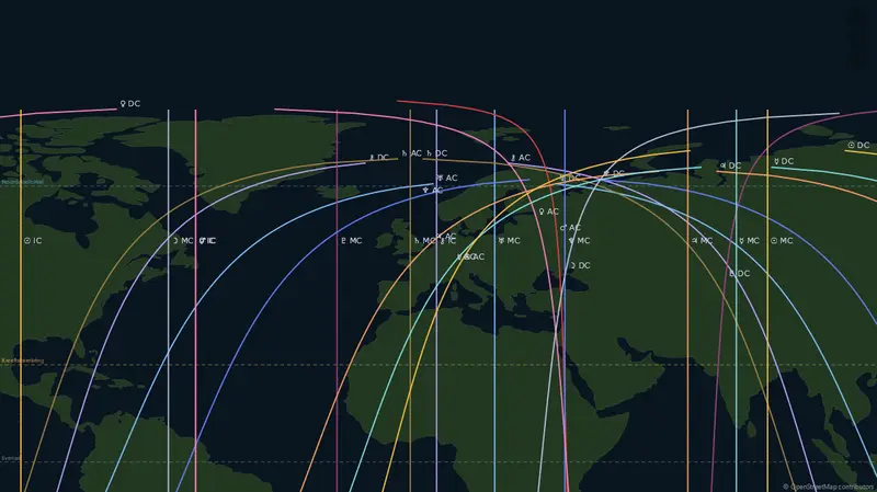 Astrocartografiekaart met planeetlijnen over Europa, Afrika en Azië.