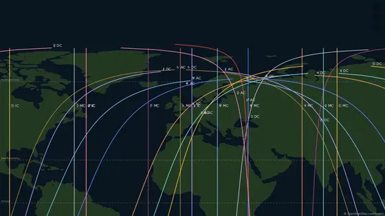 Astrocartography map with planetary lines across Europe, Africa and Asia.