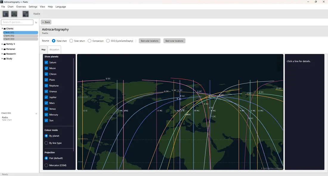 Astrocartography map with planetary lines across Europe, Africa and Asia.